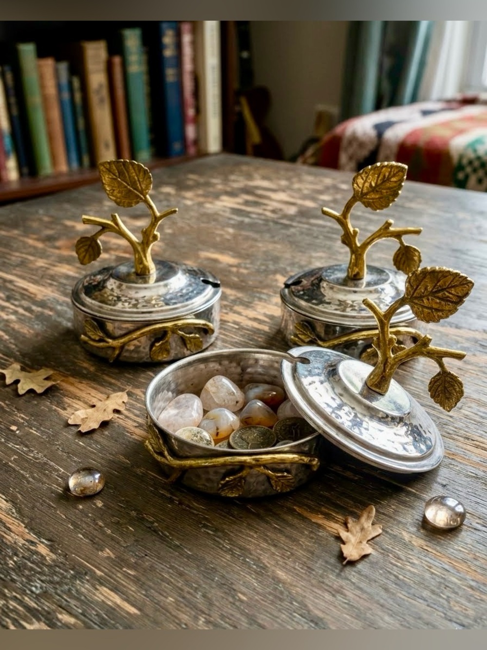 Vintage Godinger Silver Art Co Leaf Condiment Jam Jars Set of 3 - Brass & Stainl